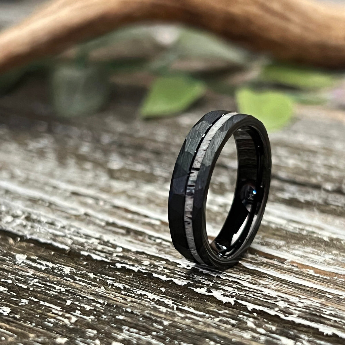 Reclaimed Antler Hammered Tungsten Wedding Band: The Silver Elk Ring