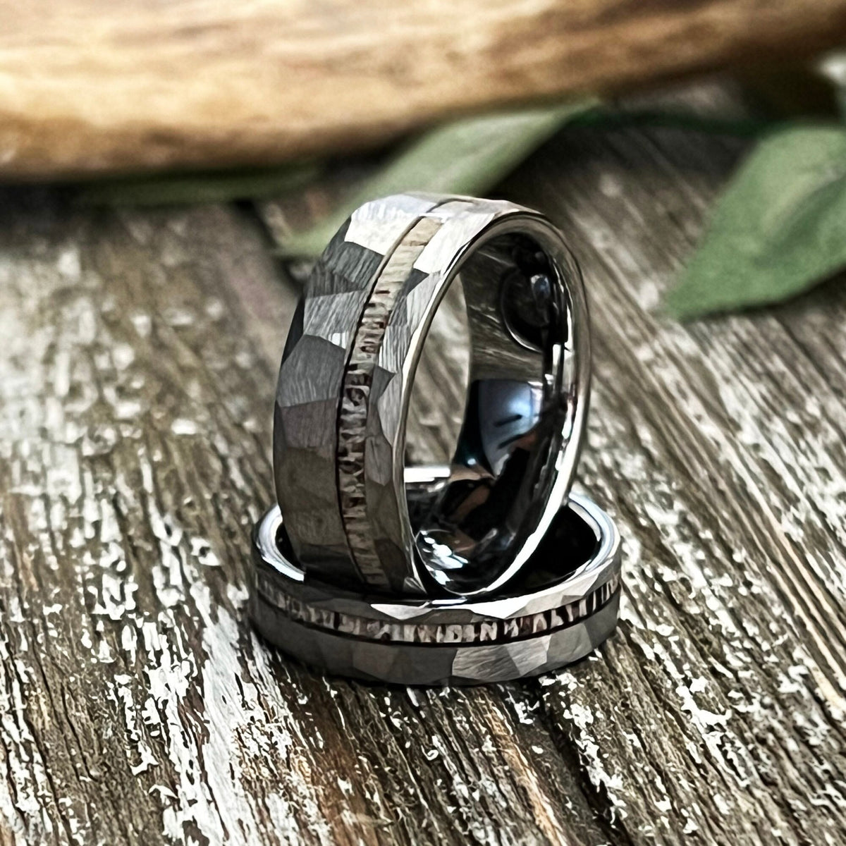 Reclaimed Antler Hammered Tungsten Wedding Band: The Silver Elk Ring