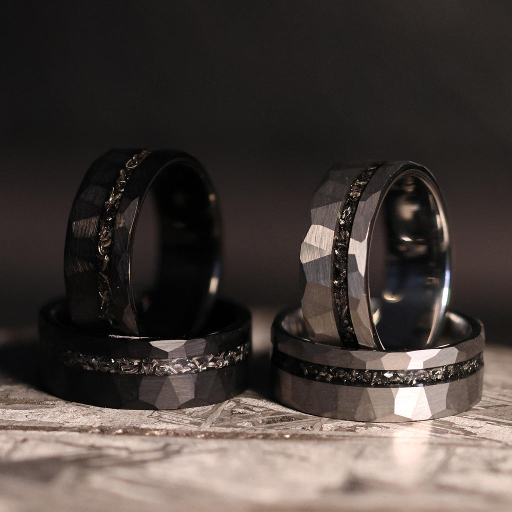 Black Space Rock Meteorite Wedding Ring: Hammered Tungsten Comfort Fit Band