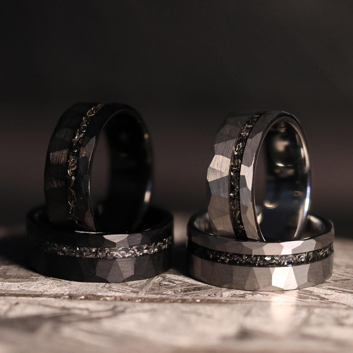 Black Space Rock Meteorite Wedding Ring: Hammered Tungsten Comfort Fit Band