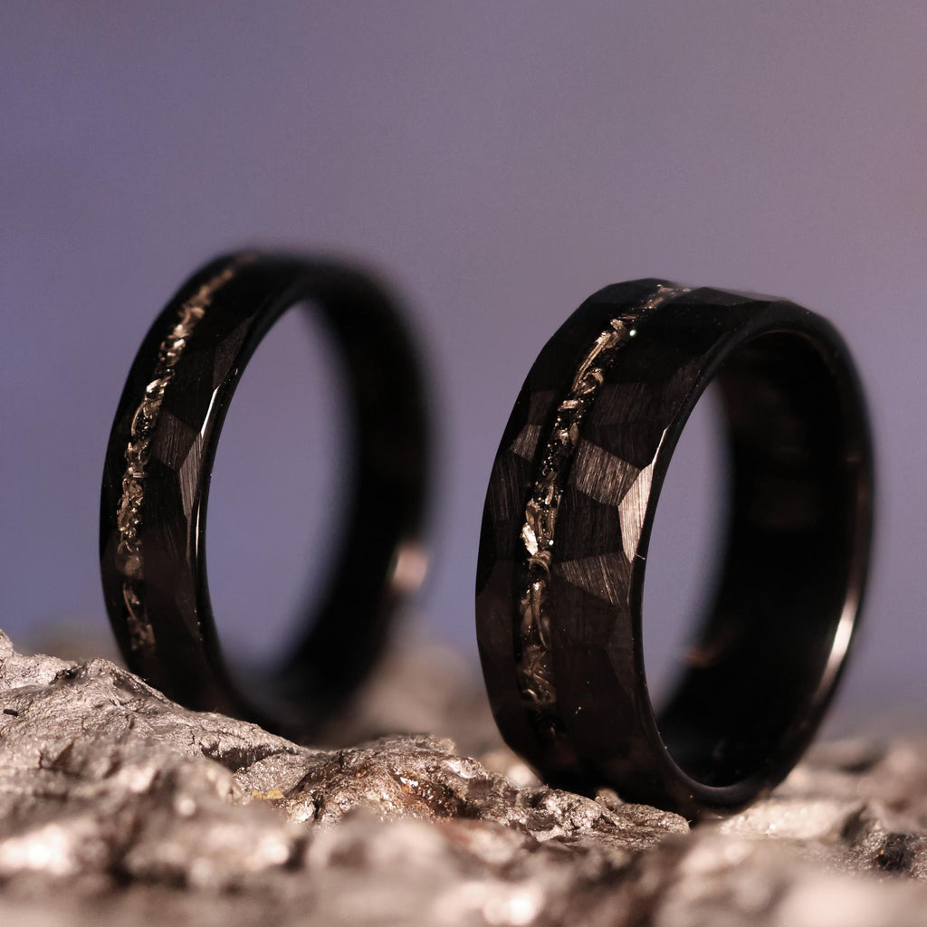 Black Space Rock Meteorite Wedding Ring: Hammered Tungsten Comfort Fit Band