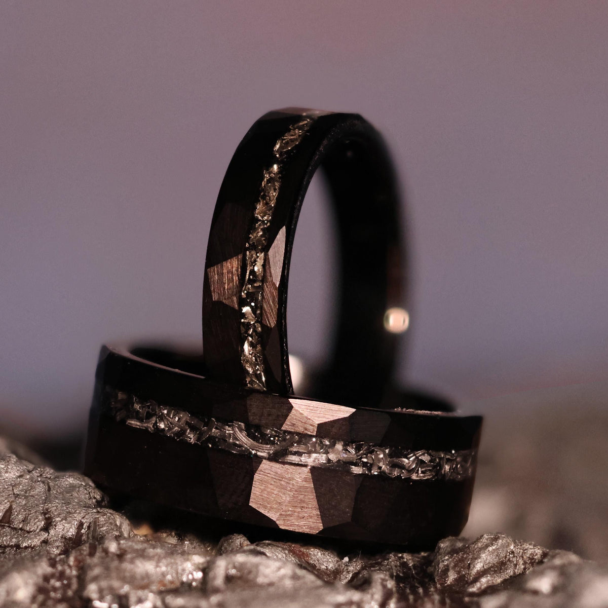 Black Space Rock Meteorite Wedding Ring: Hammered Tungsten Comfort Fit Band