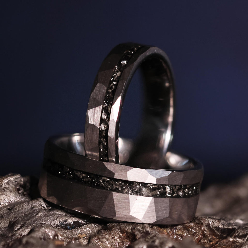 Black Space Rock Meteorite Wedding Ring: Hammered Tungsten Comfort Fit Band