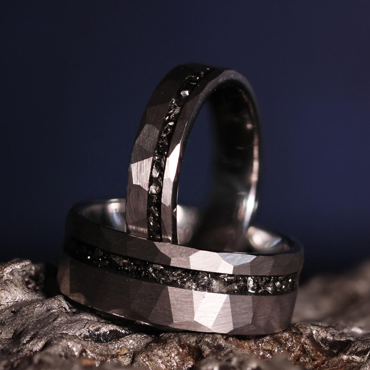 Black Space Rock Meteorite Wedding Ring: Hammered Tungsten Comfort Fit Band