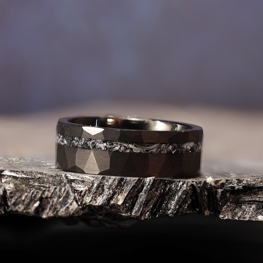 Black Space Rock Meteorite Wedding Ring: Hammered Tungsten Comfort Fit Band