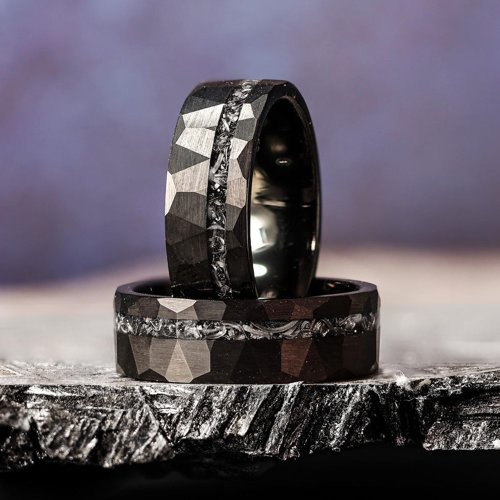 Black Space Rock Meteorite Wedding Ring: Hammered Tungsten Comfort Fit Band