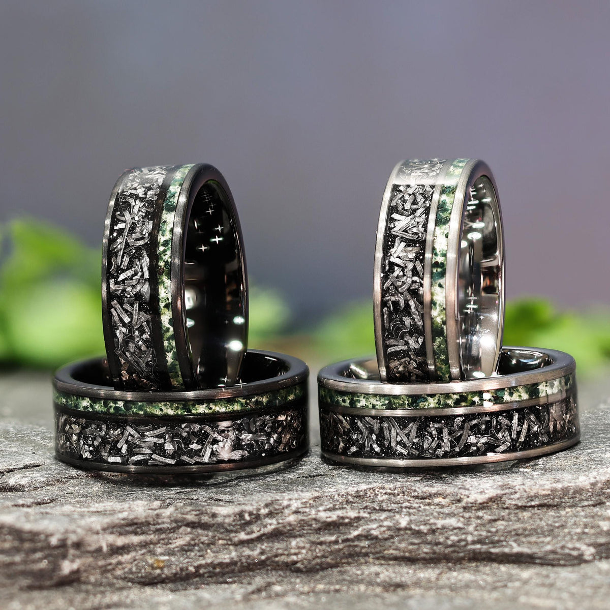 Moss Agate Space Rock Meteorite Wedding Ring in 8mm Band