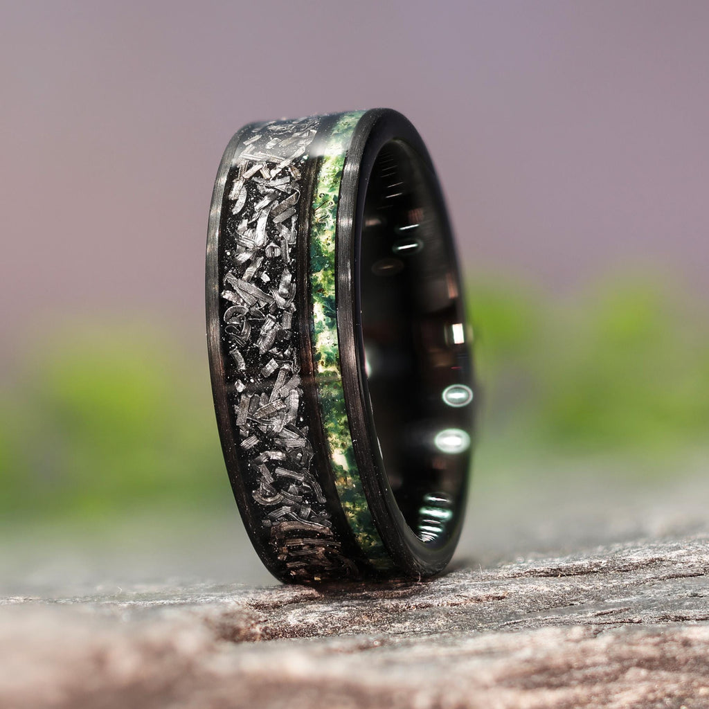 Moss Agate Space Rock Meteorite Wedding Ring in 8mm Band