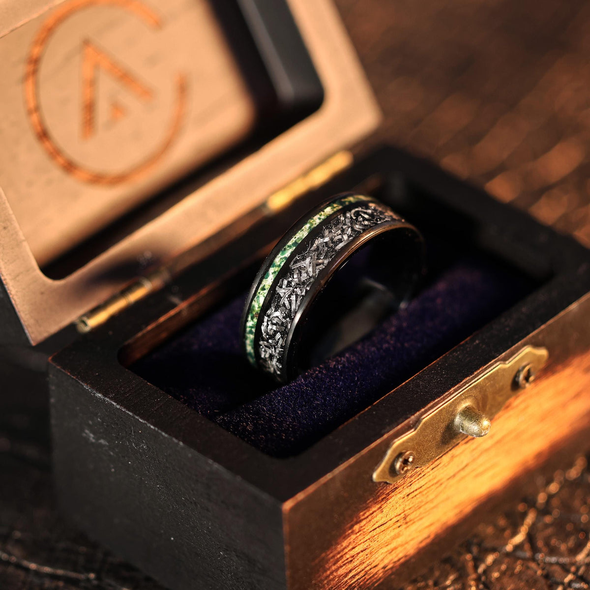 Moss Agate Space Rock Meteorite Wedding Ring in 8mm Band