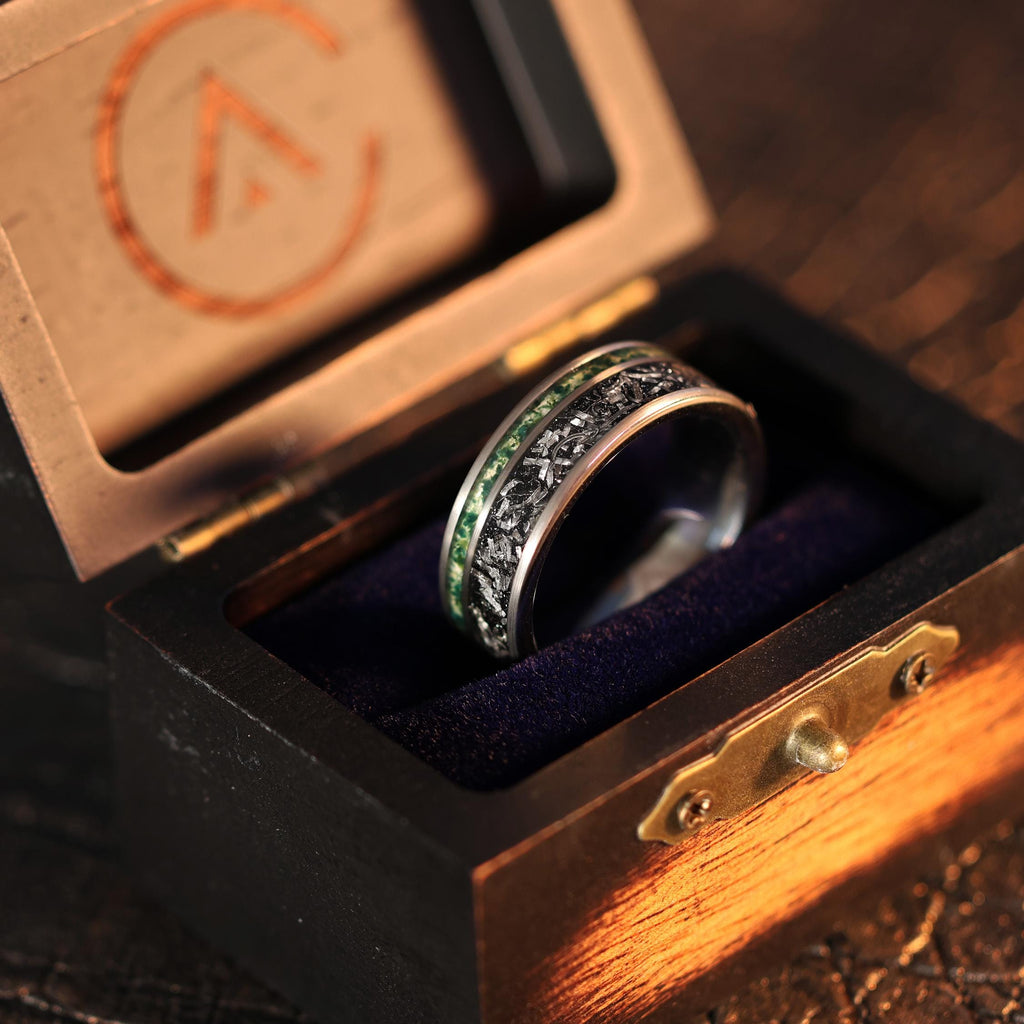 Moss Agate Space Rock Meteorite Wedding Ring in 8mm Band
