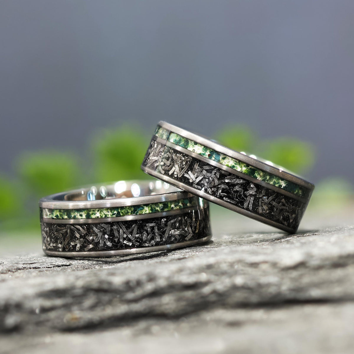 Moss Agate Space Rock Meteorite Wedding Ring in 8mm Band