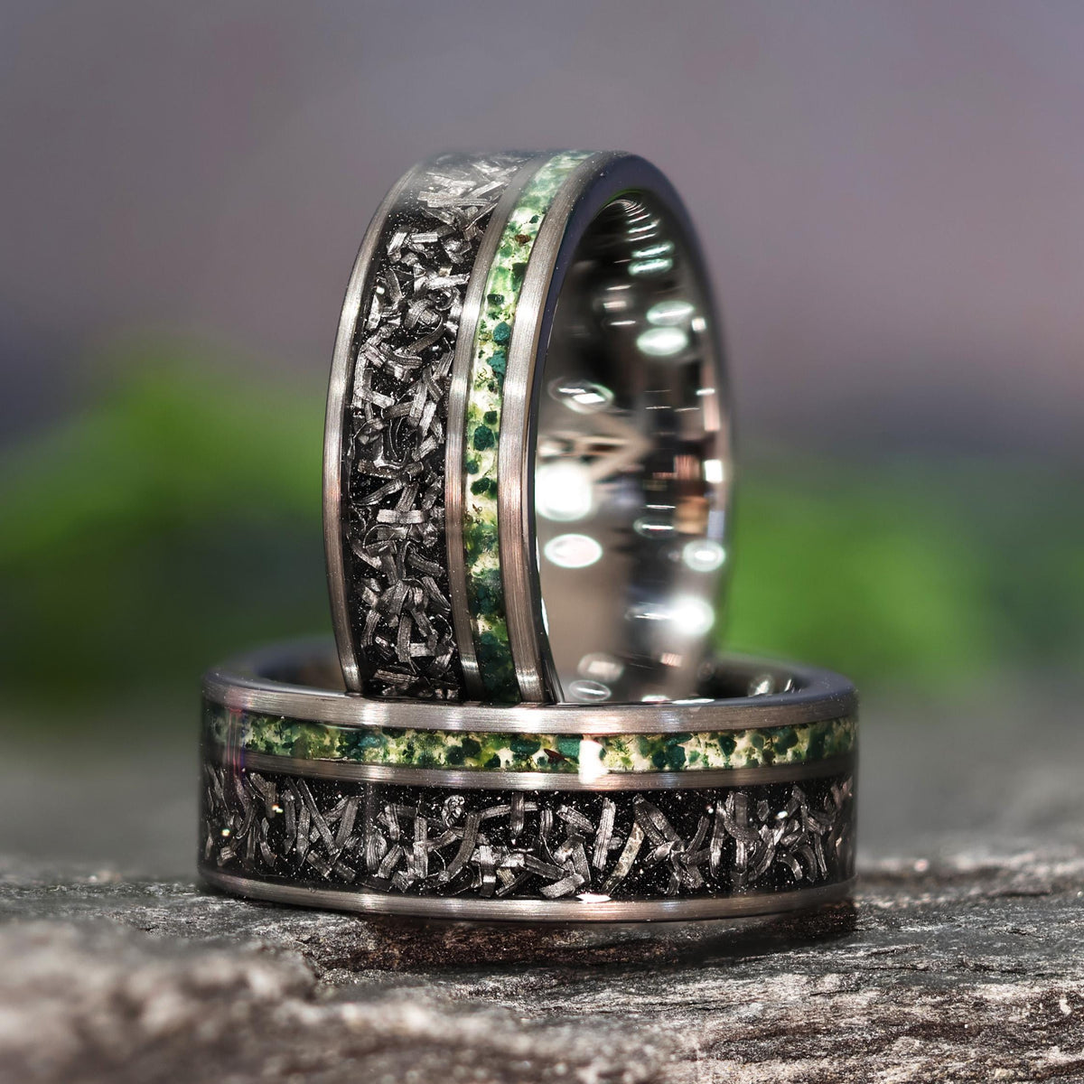 Moss Agate Space Rock Meteorite Wedding Ring in 8mm Band