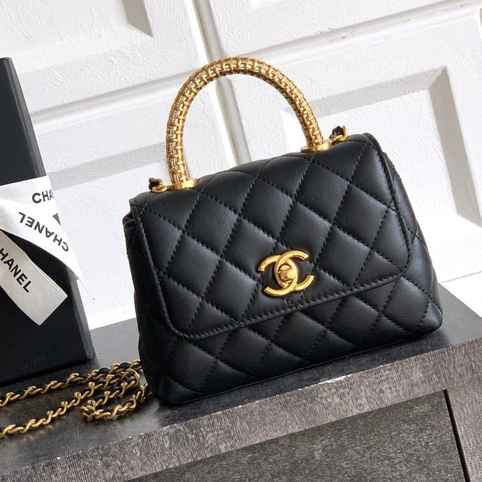 Ch*nel 2026 Quilted Coco Handle Flap Bag 14cm Black Calfskin