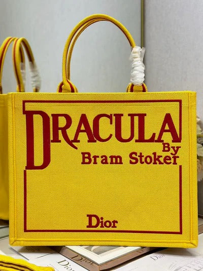 D*or 2026 Book Tote with Strap Yellow and Red Book Cover Embroidery