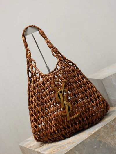 Y*S*L 2026 Icare Wooden Bead 46cm Brown Woven Bag