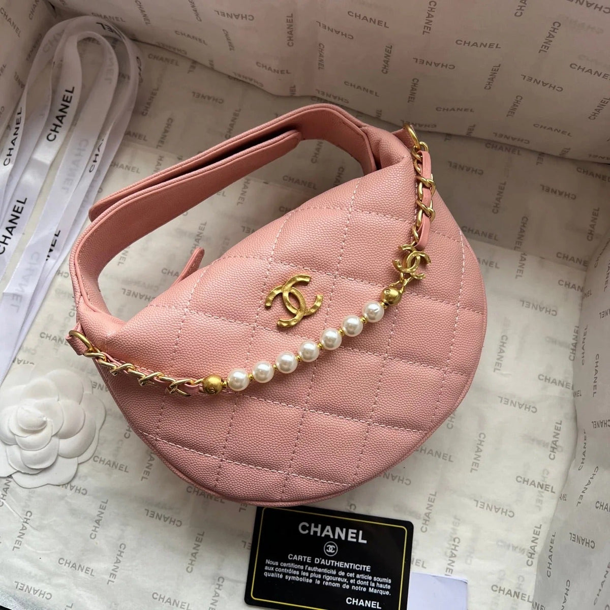 C*C 2026 Quilted Pearl Chain Pouch Hobo Bag Grained Calfskin