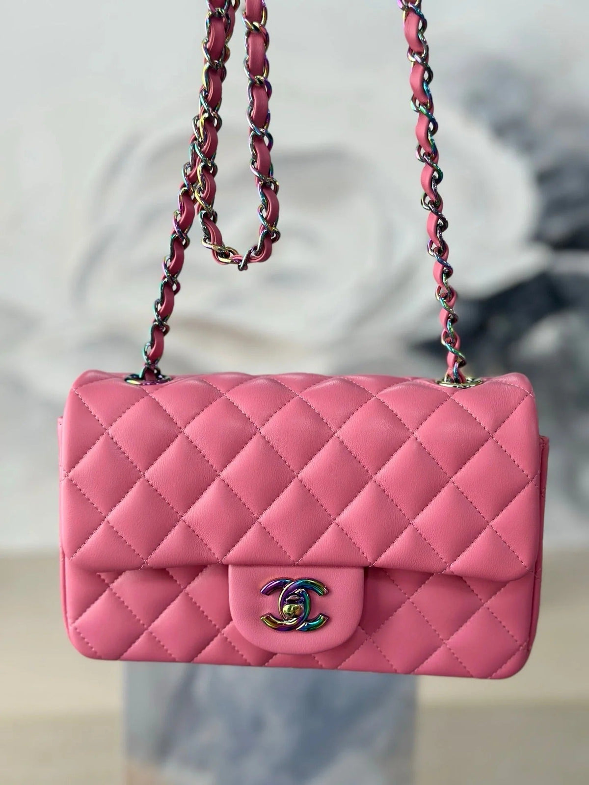C*C 26s Flap Bag 20cm Pink Quilted Leather Rainbow Buckle