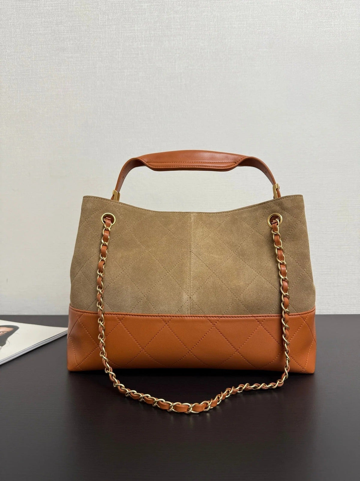 Ch*nel 2026 Quilted Shopping Bag 35cm Beige Brown Suede Leather