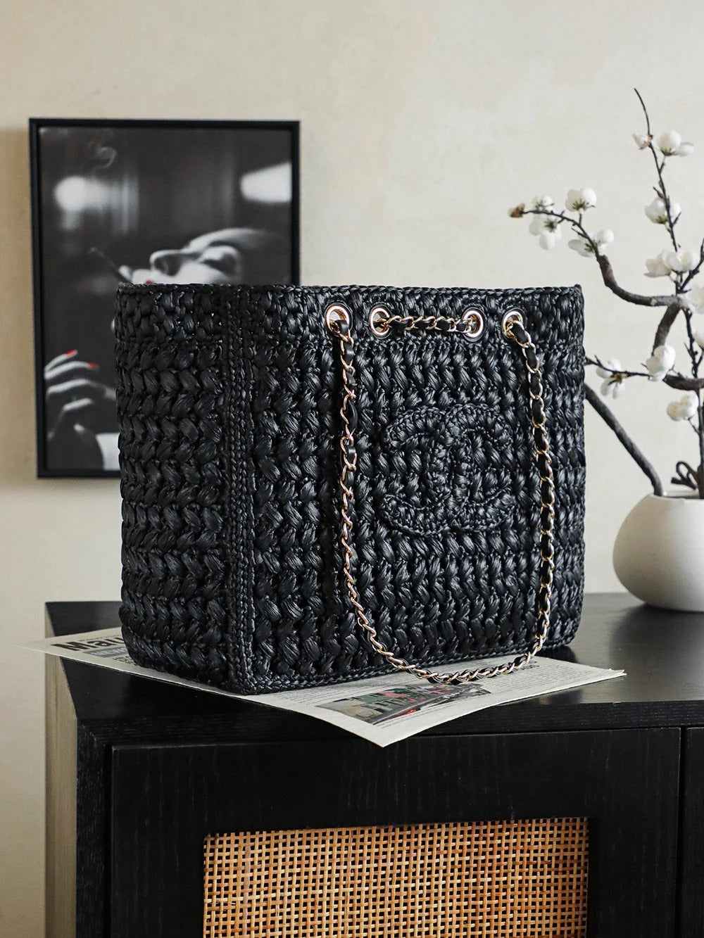 C*C 26s Coco Beach Shopping Bag 35cm Black Raffia