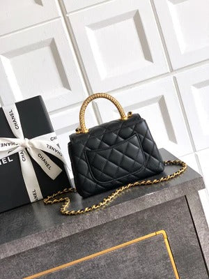 Ch*nel 2026 Quilted Coco Handle Flap Bag 14cm Black Calfskin