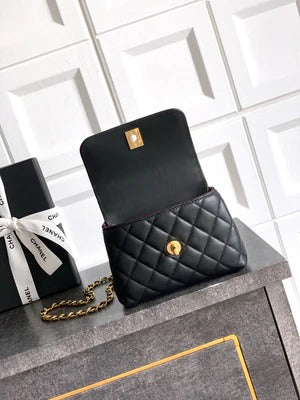Ch*nel 2026 Quilted Coco Handle Flap Bag 14cm Black Calfskin