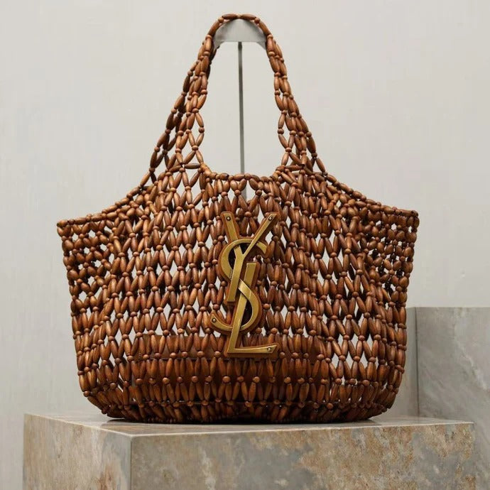 Y*S*L 2026 Icare Wooden Bead 46cm Brown Woven Bag