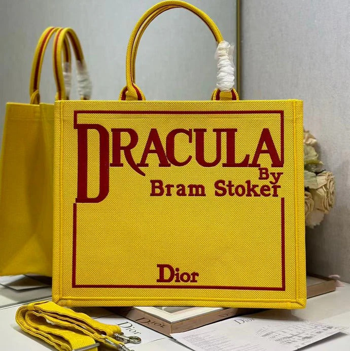 D*or 2026 Book Tote with Strap Yellow and Red Book Cover Embroidery