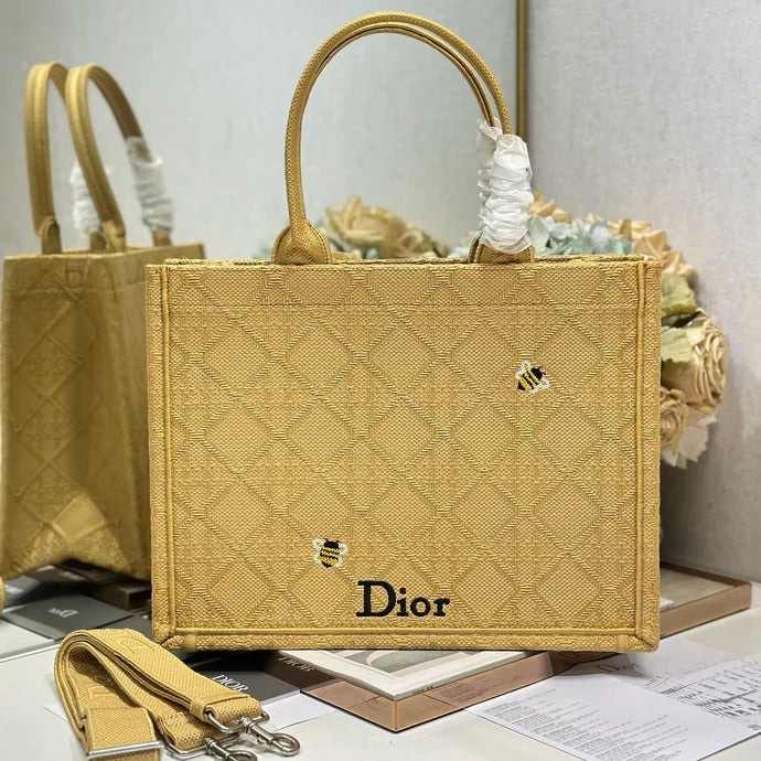 D*or 2026 Book Tote with Embroidered Bee Yellow Canvas