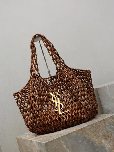Y*S*L 2026 Icare Wooden Bead 46cm Brown Woven Bag