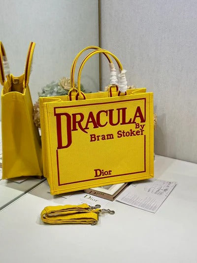 D*or 2026 Book Tote with Strap Yellow and Red Book Cover Embroidery