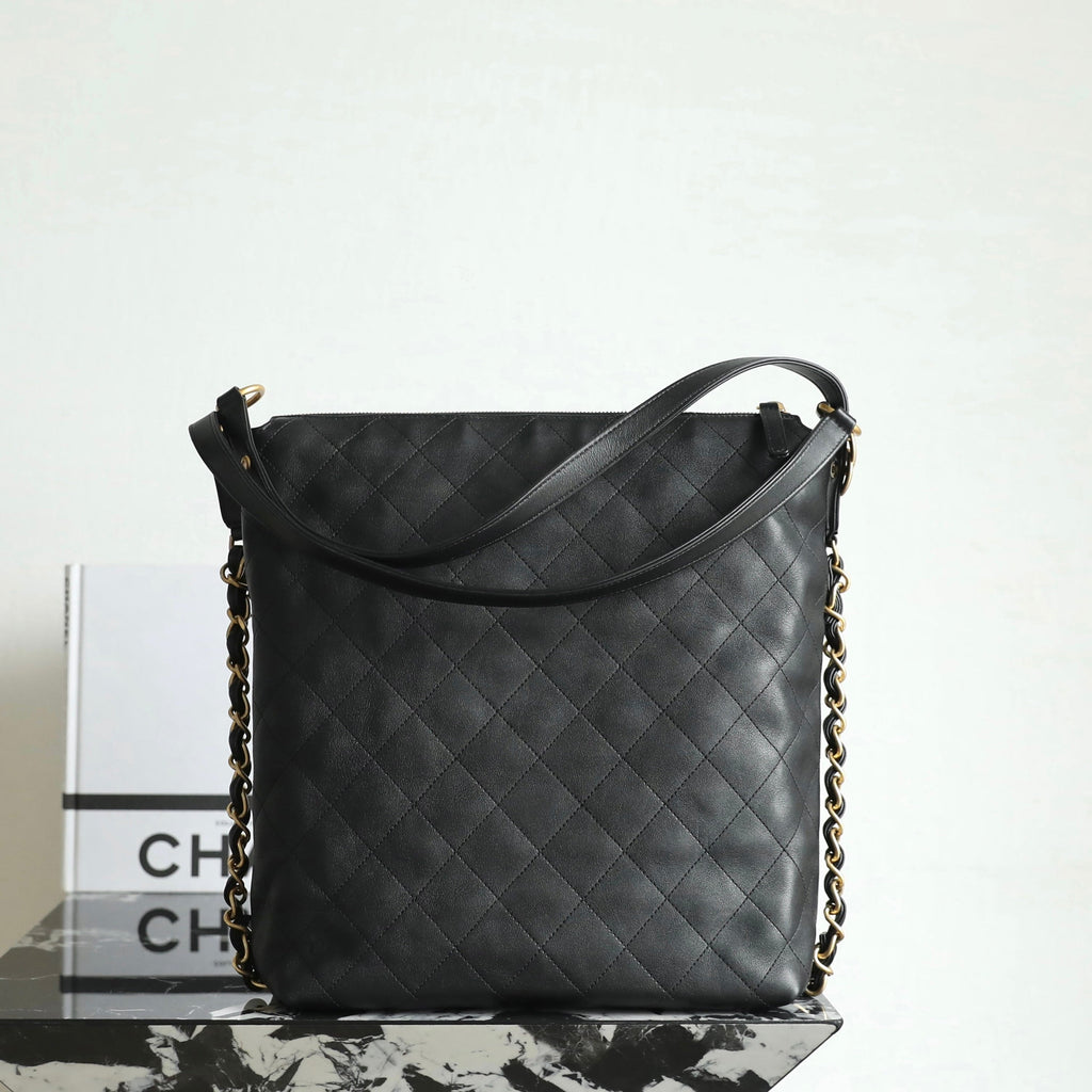 Ch*nel Hobo Backpack Max Large Black Calfskin