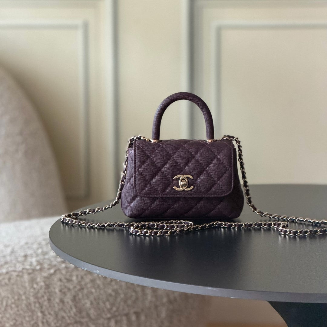 C*C 26s Mini Flap Bag 14.5cm with Top Handle Deep Burgundy Caviar Leather