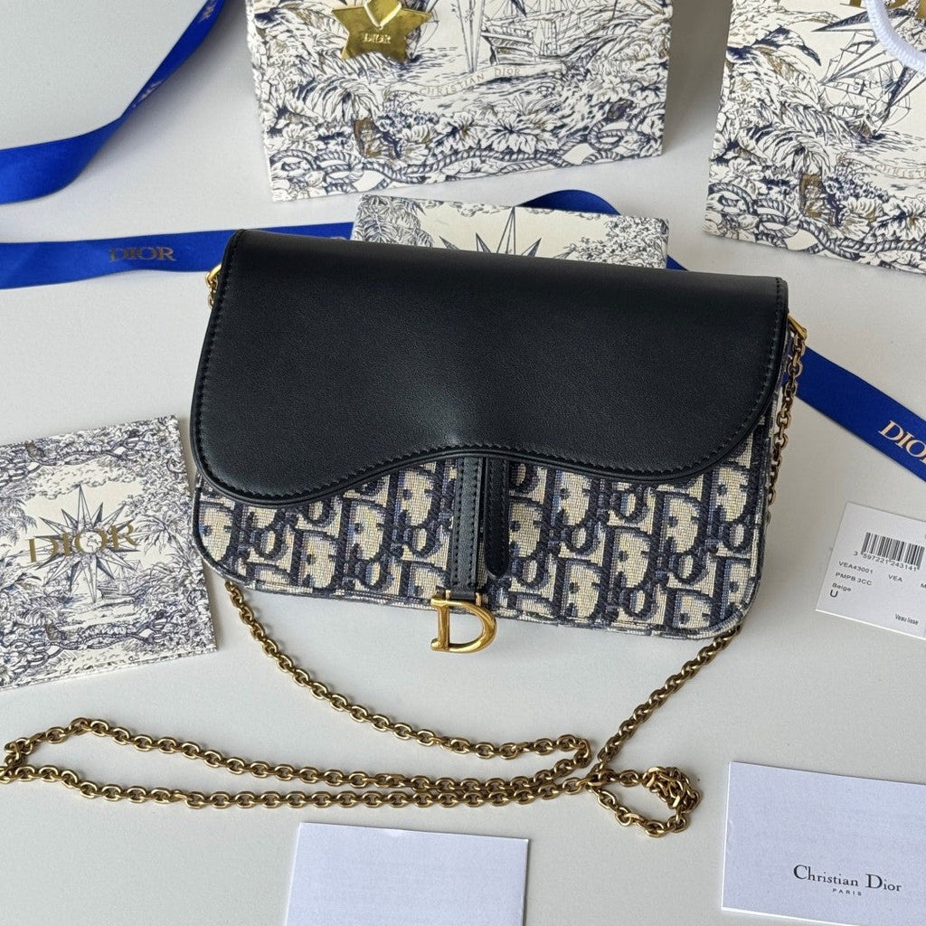 C*D S5907CNKO Medium Saddle Pouch with Chain 21.5cm Blue Jacquard Cowhide GHW