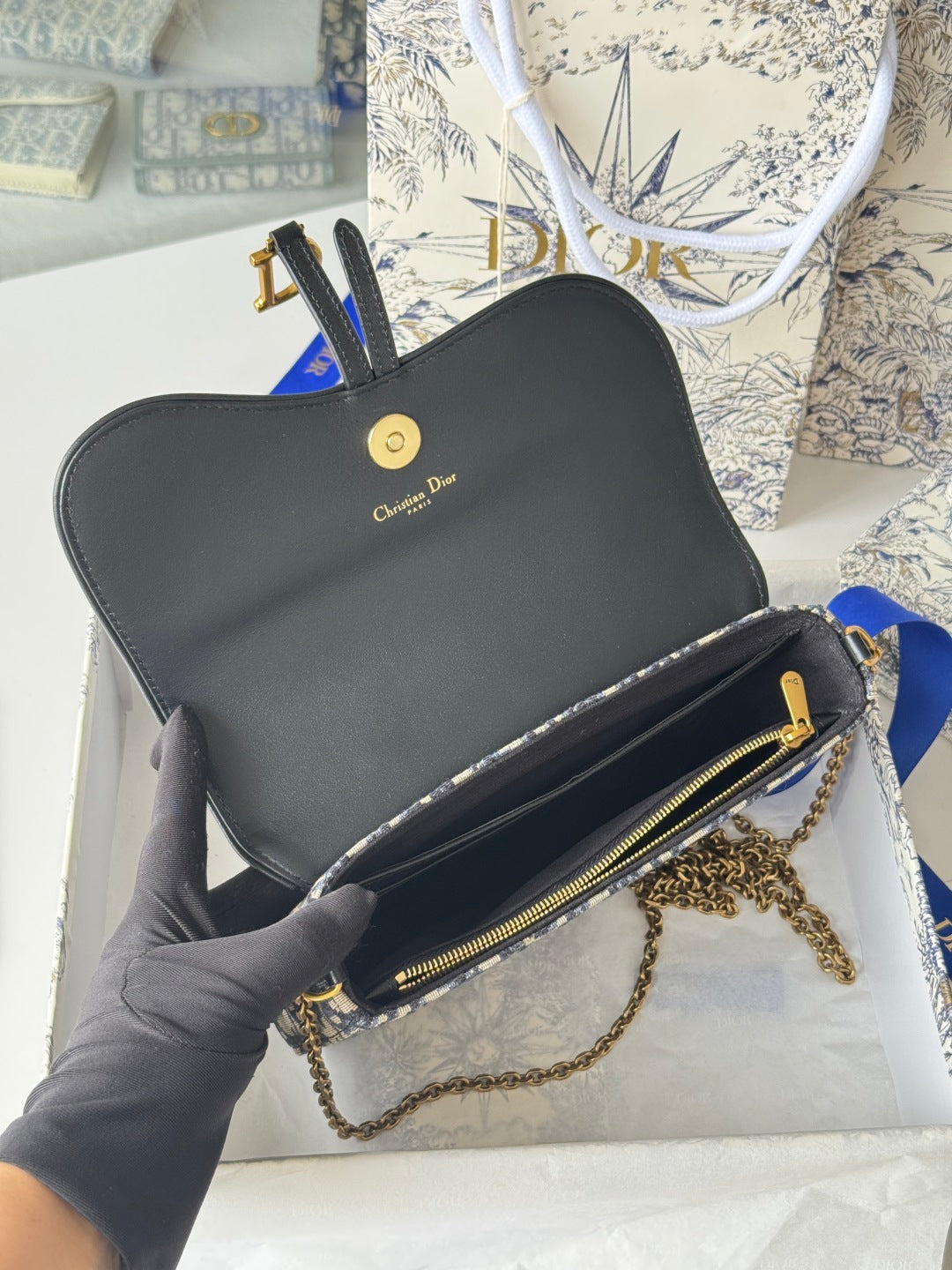 C*D S5907CNKO Medium Saddle Pouch with Chain 21.5cm Blue Jacquard Cowhide GHW