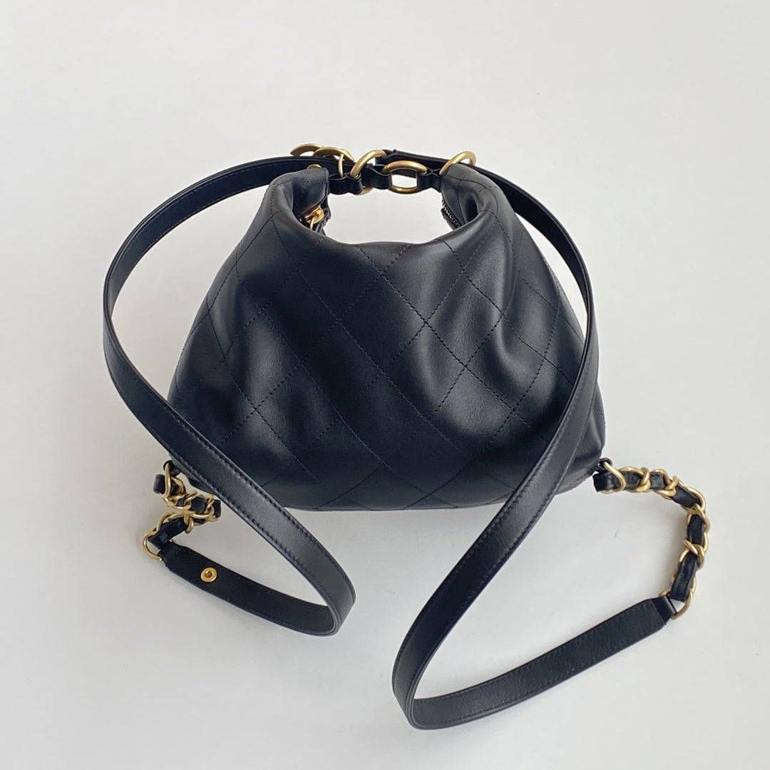 Ch*nel 25 Hobo Backpack Black Soft Calfskin