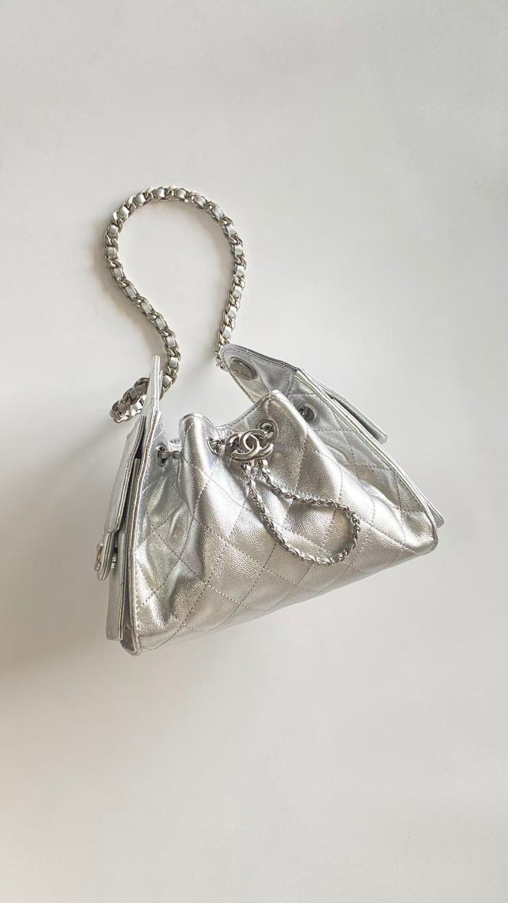 C*C 2025 Hobo Bag Silver 22cm Metallic Grained Calfskin
