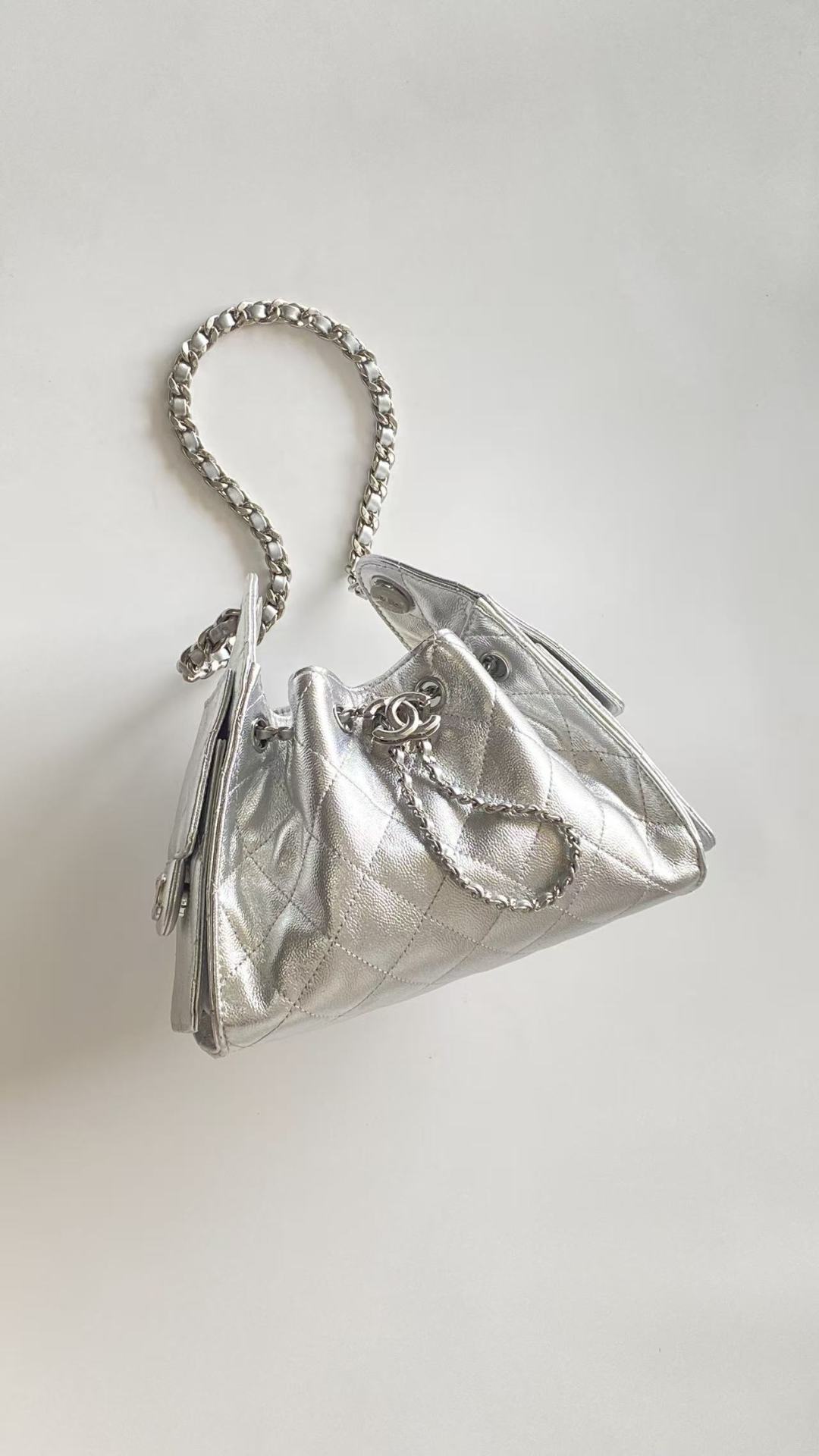 C*C 2025 Hobo Bag Silver 22cm Metallic Grained Calfskin