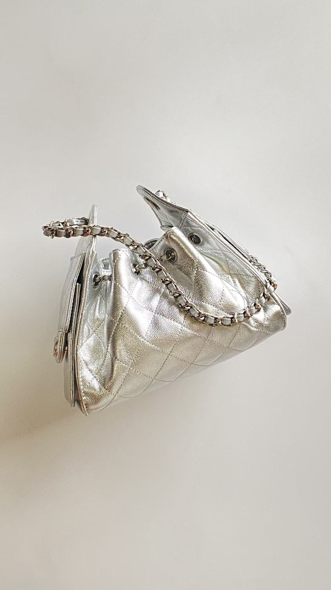 C*C 2025 Hobo Bag Silver 22cm Metallic Grained Calfskin