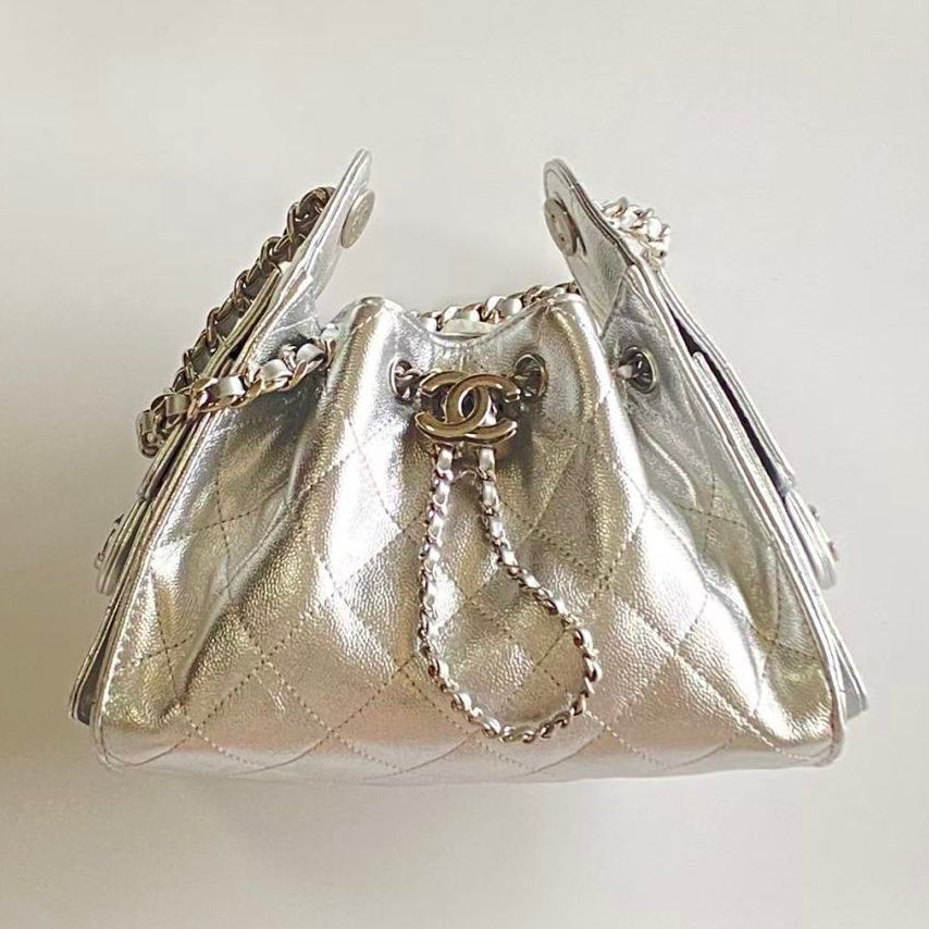 C*C 2025 Hobo Bag Silver 22cm Metallic Grained Calfskin