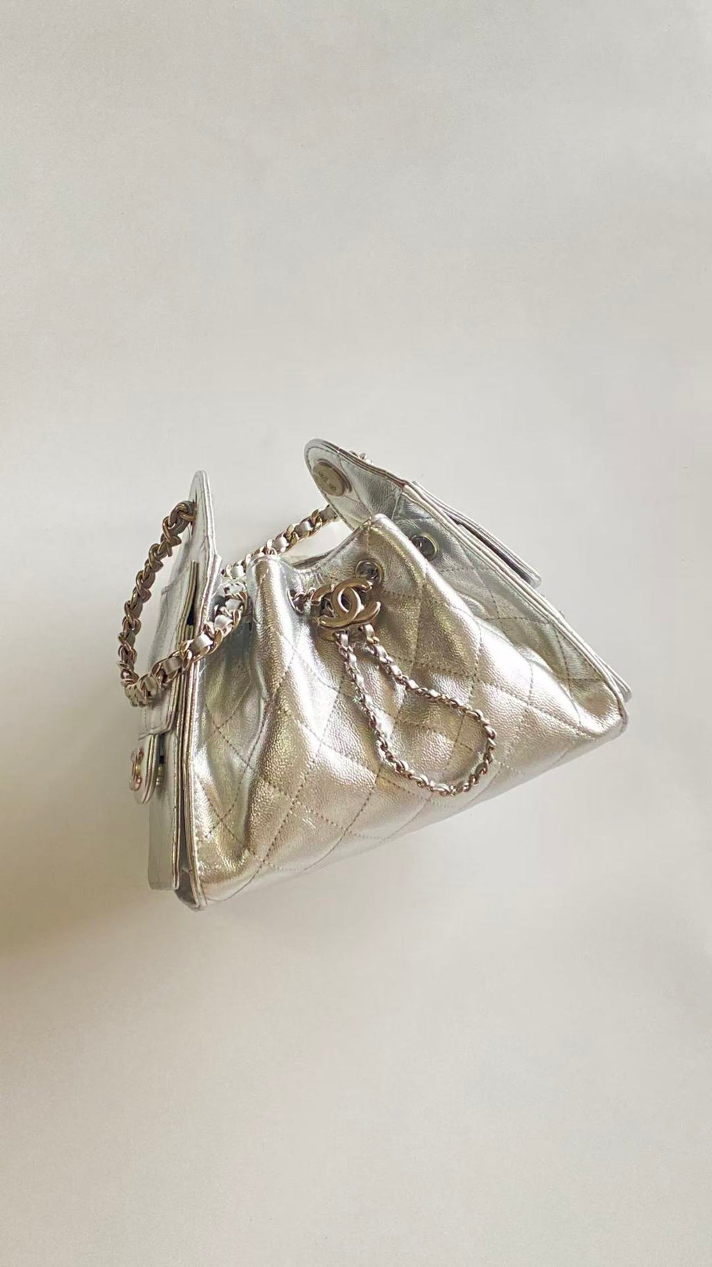 C*C 2025 Hobo Bag Silver 22cm Metallic Grained Calfskin