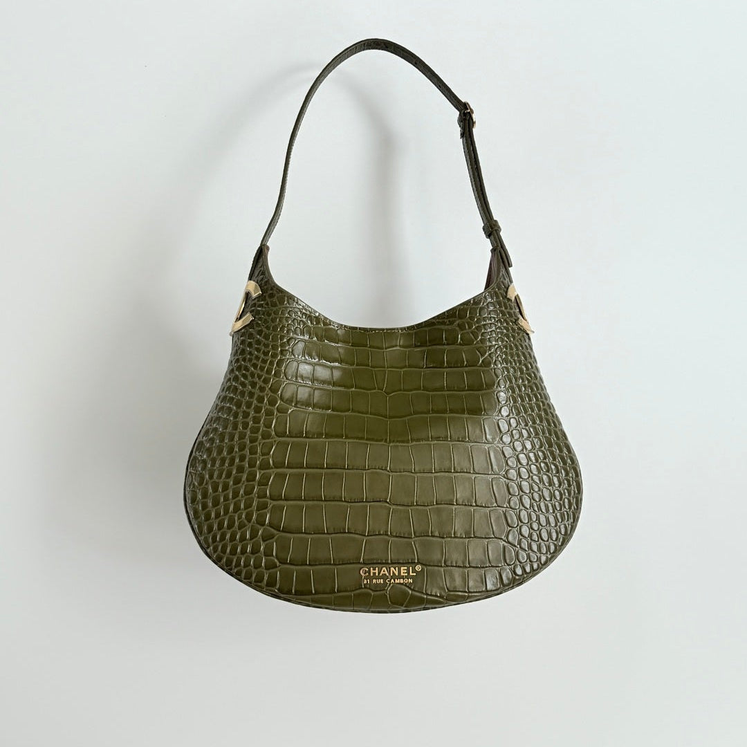 C*C 26s Hobo Bag Olive Green Crocodile Embossed Calfskin