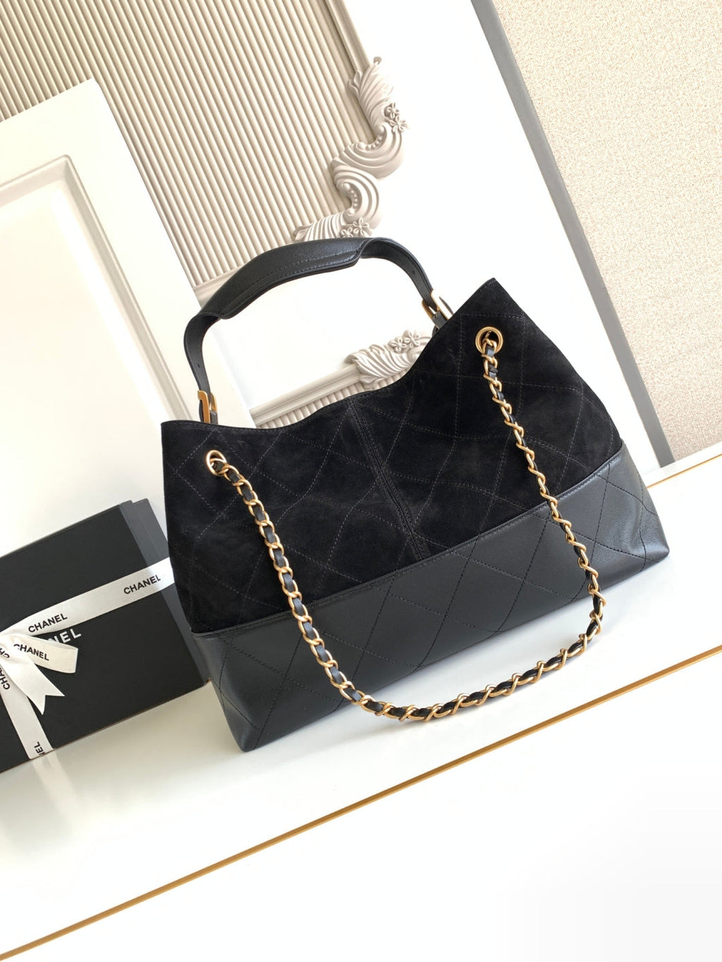 Ch*nel 2026 Stitched Shopping Bag Suede Calfskin