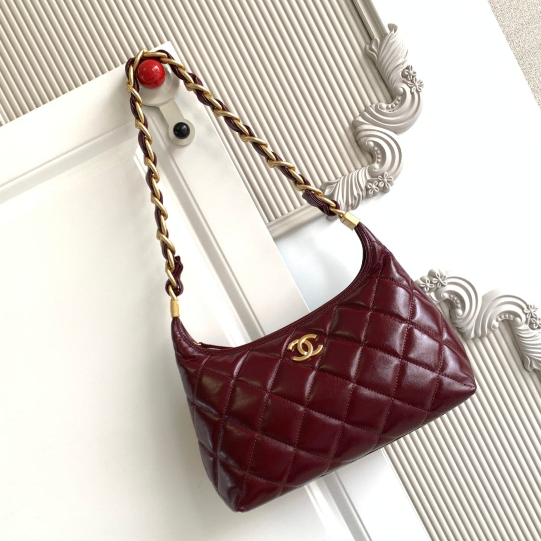 C*C Hobo Bag With Chain 35cm Red Lambskin 277763 GHW