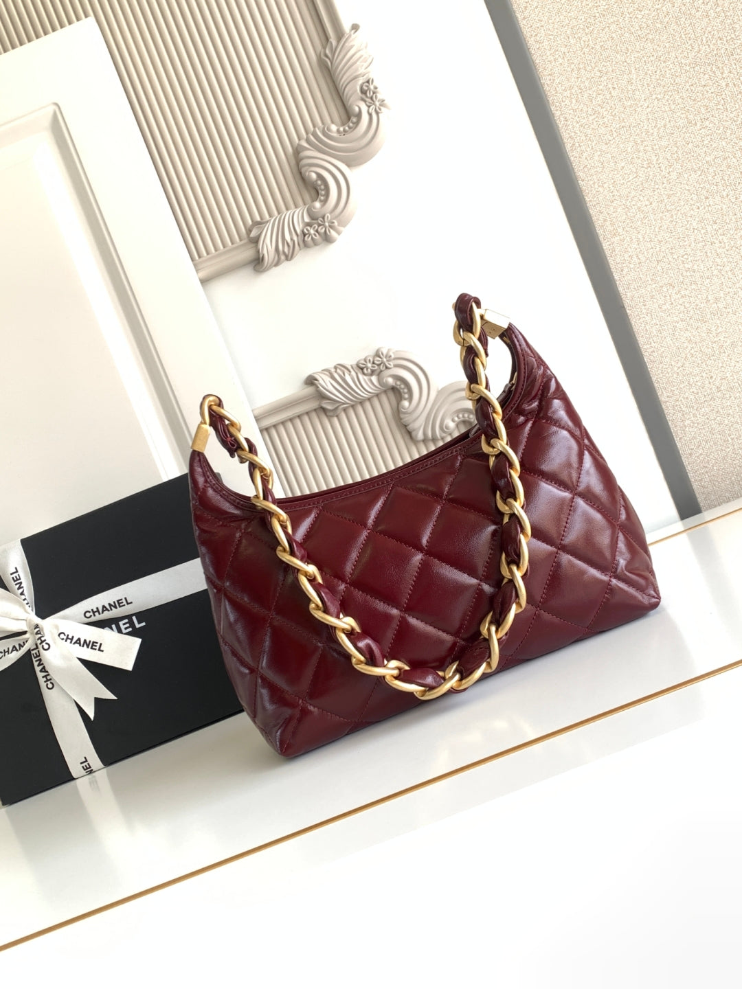 C*C Hobo Bag With Chain 35cm Red Lambskin 277763 GHW