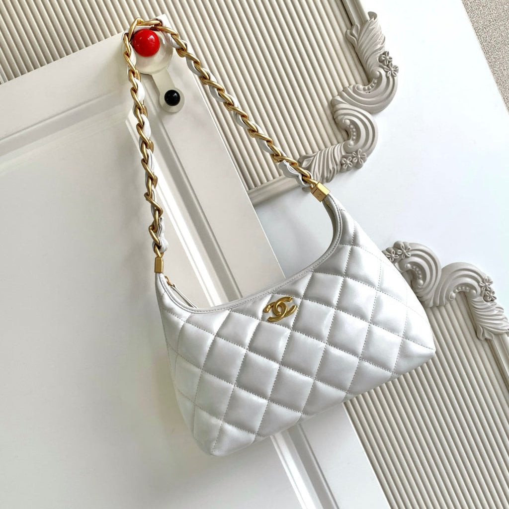 C*C Hobo Bag With Chain 35cm White Lambskin 277764 GHW