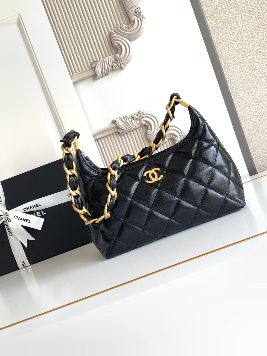 C*C Hobo Bag With Chain 35cm Black Lambskin 277765 GHW