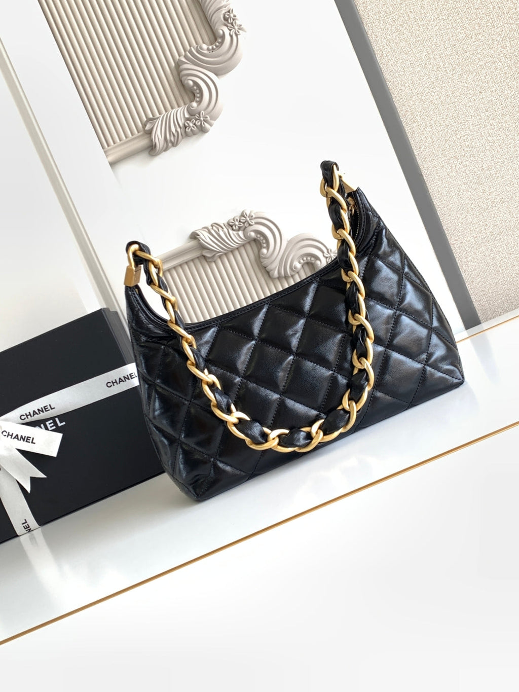 C*C Hobo Bag With Chain 35cm Black Lambskin 277765 GHW