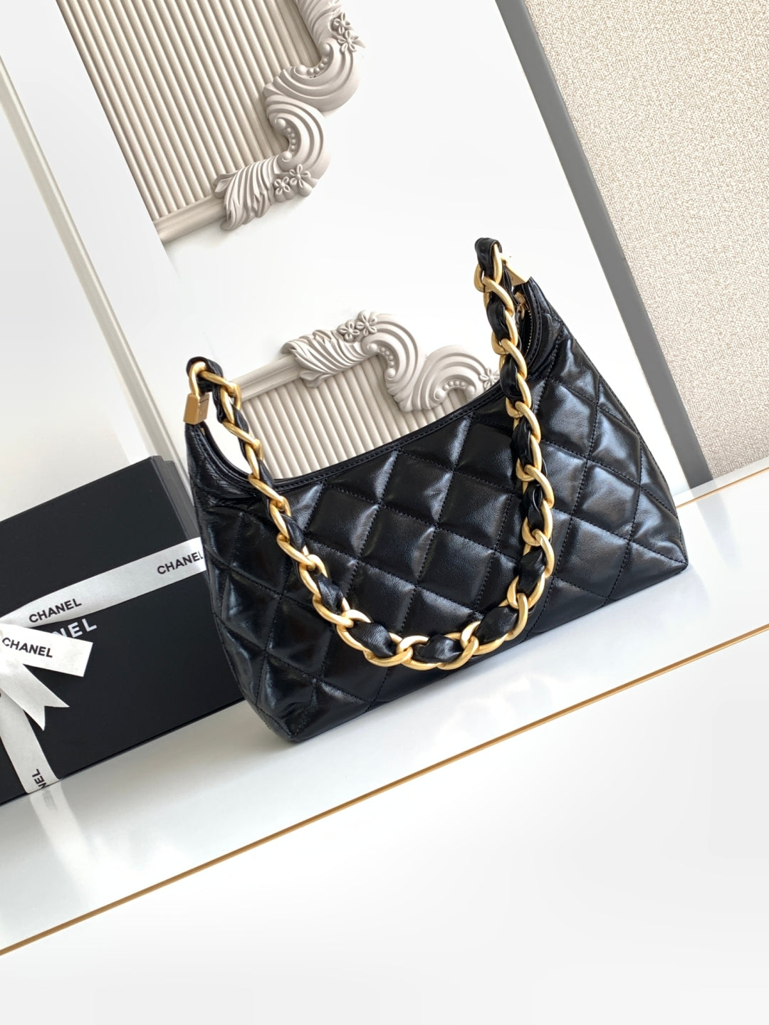 C*C Hobo Bag With Chain 35cm Black Lambskin 277765 GHW