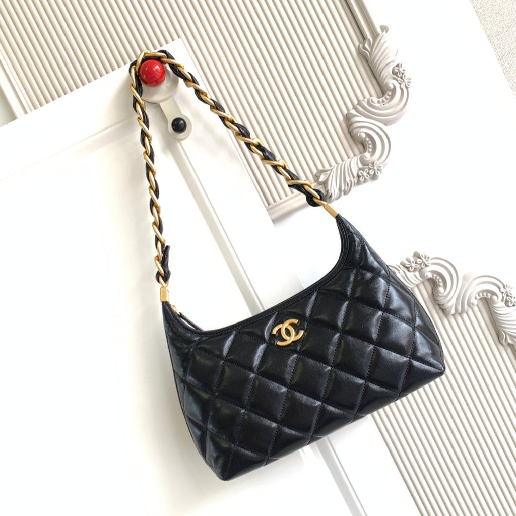 C*C Hobo Bag With Chain 35cm Black Lambskin 277765 GHW