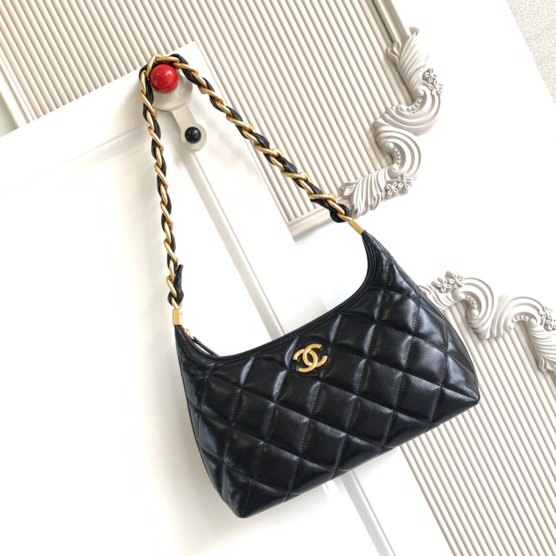 C*C Hobo Bag With Chain 35cm Black Lambskin 277765 GHW